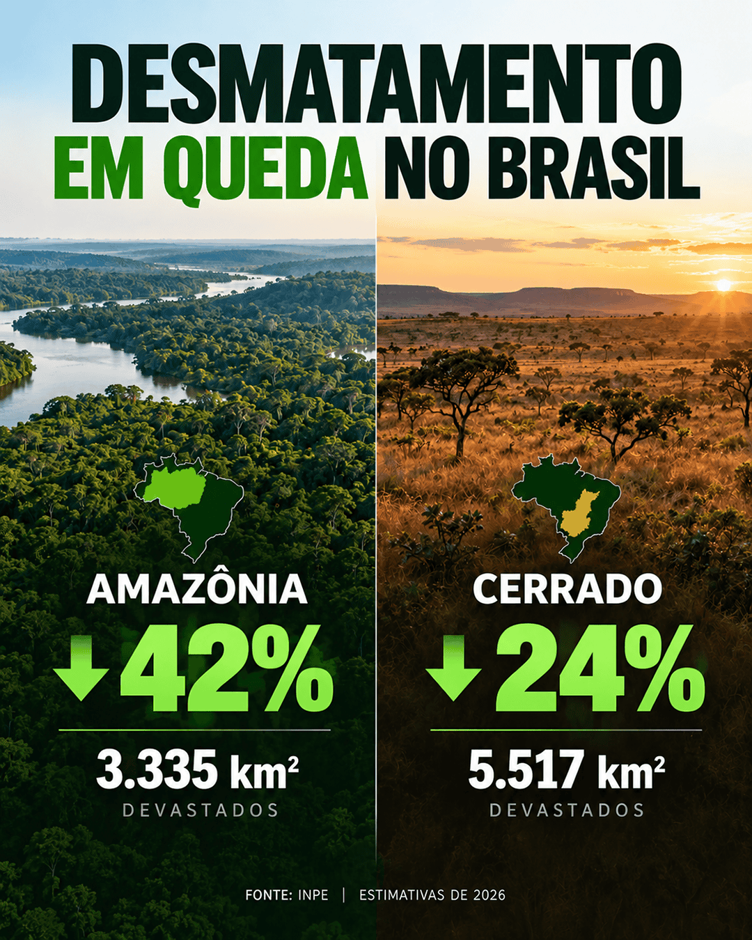 Desmatamento no Brasil em queda histórica tanto na Amazônia quanto no Cerrado.