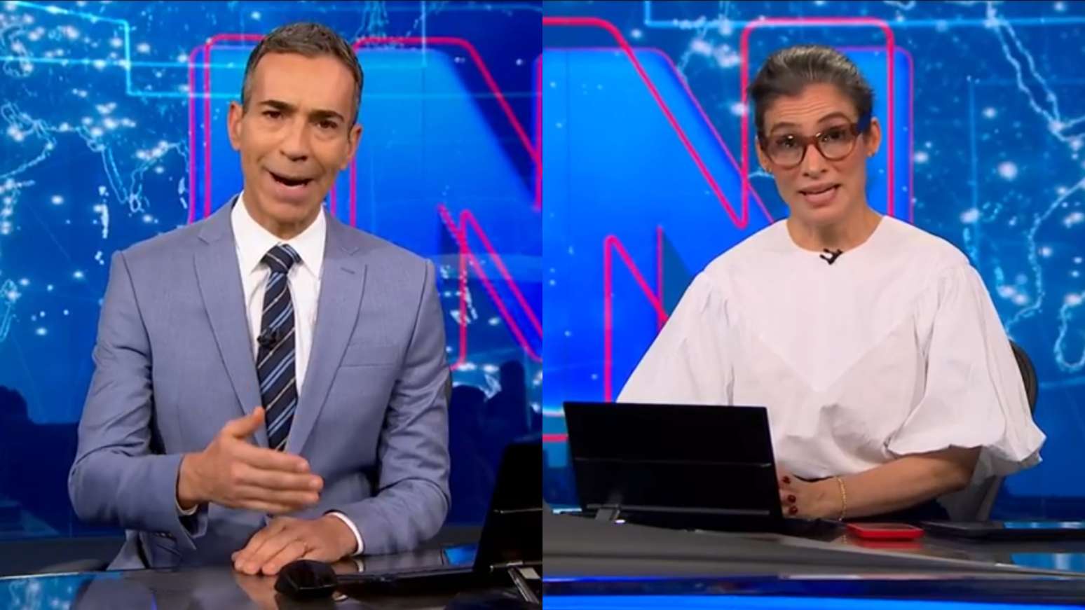 C&eacute;sar Tralli e Renata Vasconcellos no Jornal Nacional