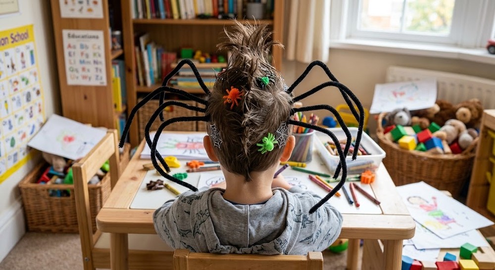 Cabelo maluco de aranha com materiais simples como EVA, presilhas e limpador de cachimbo â Foto: Imagem gerada por IA/Gemini