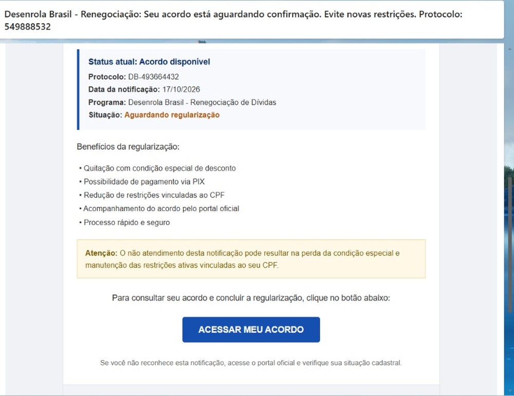 Continuação do e-mail falso usado no golpe que se passa pelo programa Desenrola Brasil — Foto: Reprodução/Thaisi Carvalho