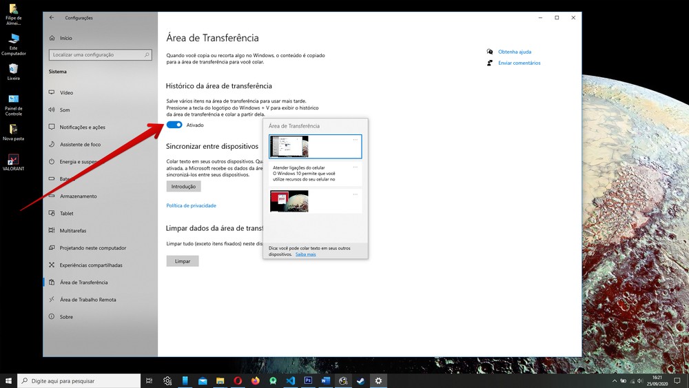 Ativando o recurso, você poderá visualizar o histórico da área de transferência de qualquer lugar usando Windows + V — Foto: Reprodução/Filipe Garrett