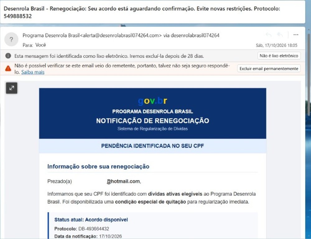 Exemplo de e-mail usado no golpe Desenrola Brasil com falsa renegociação de dívidas — Foto: Reprodução/Thaisi Carvalho