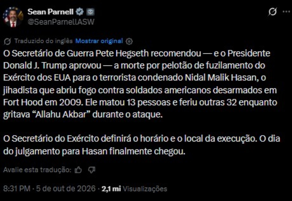 Trump aprova fuzilamento de autor de massacre em base militar dos EUA