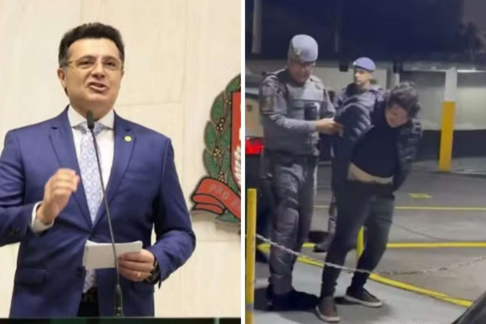 Marcelo Aguiar discursando na Alesp | Marcelo Aguiar sendo detido
